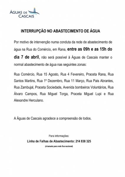 Interrupção no abastecimento de água em Rana